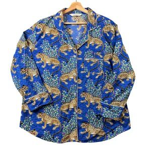 Printfresh Bagheera Leopard Pajama Top Blue Organic Cotton XL Long Sleeve Button